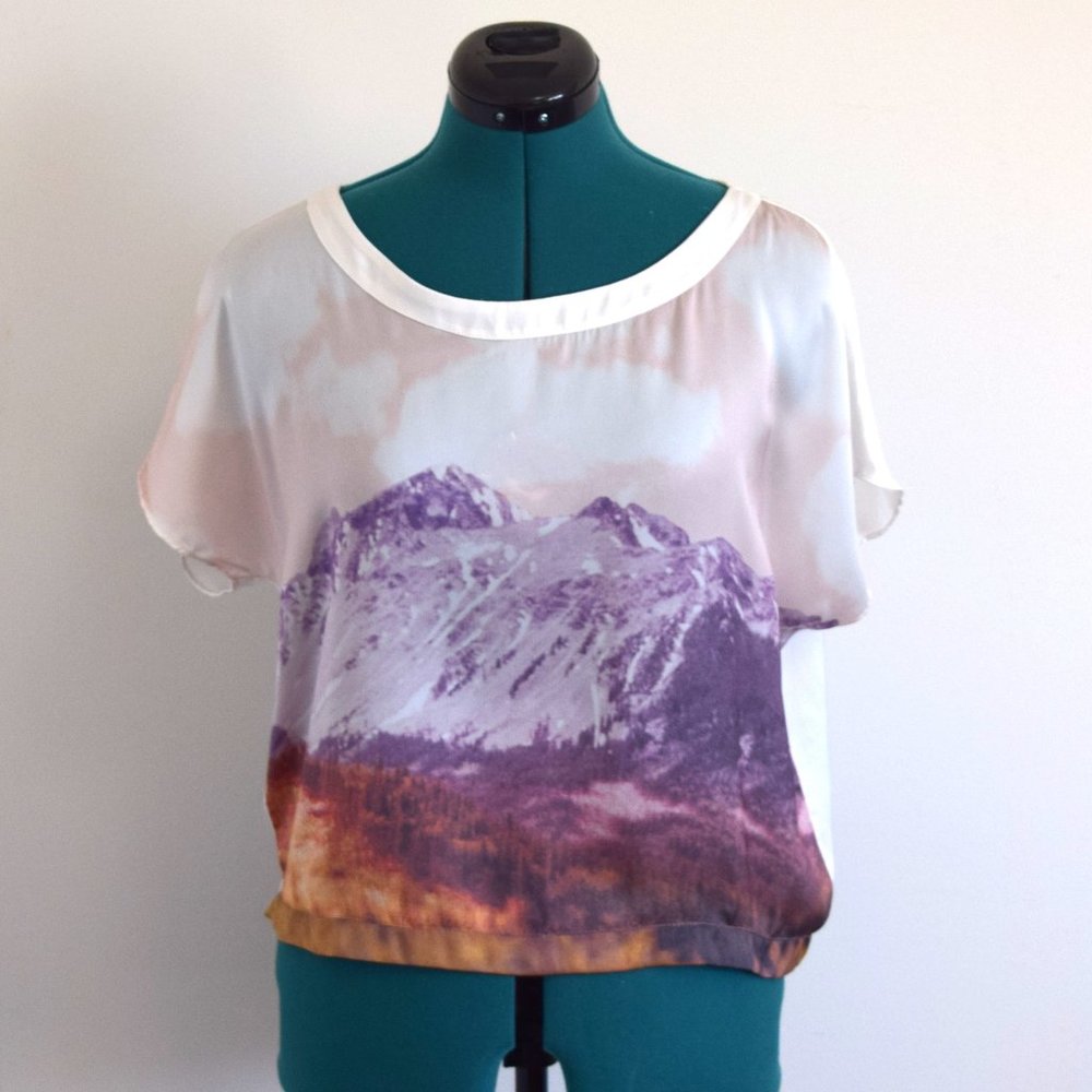 MOVING SALE- Talula Satin Mountain Graphic Print Short Sleeved Blouse